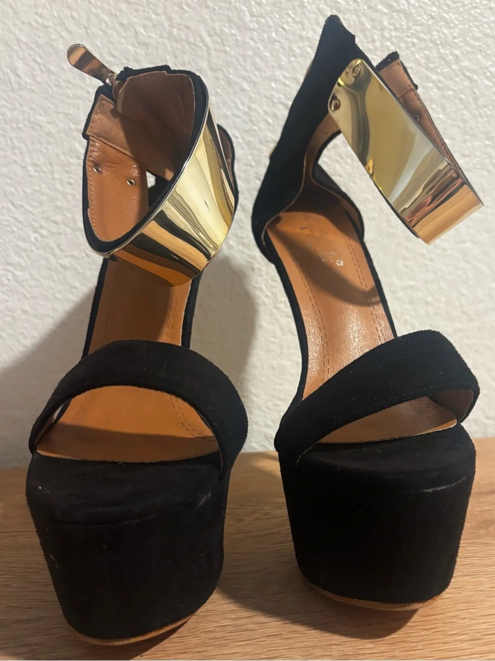 NWOT - Black Suede Stiletto Sandals with Gold Accent Ankle Cuff